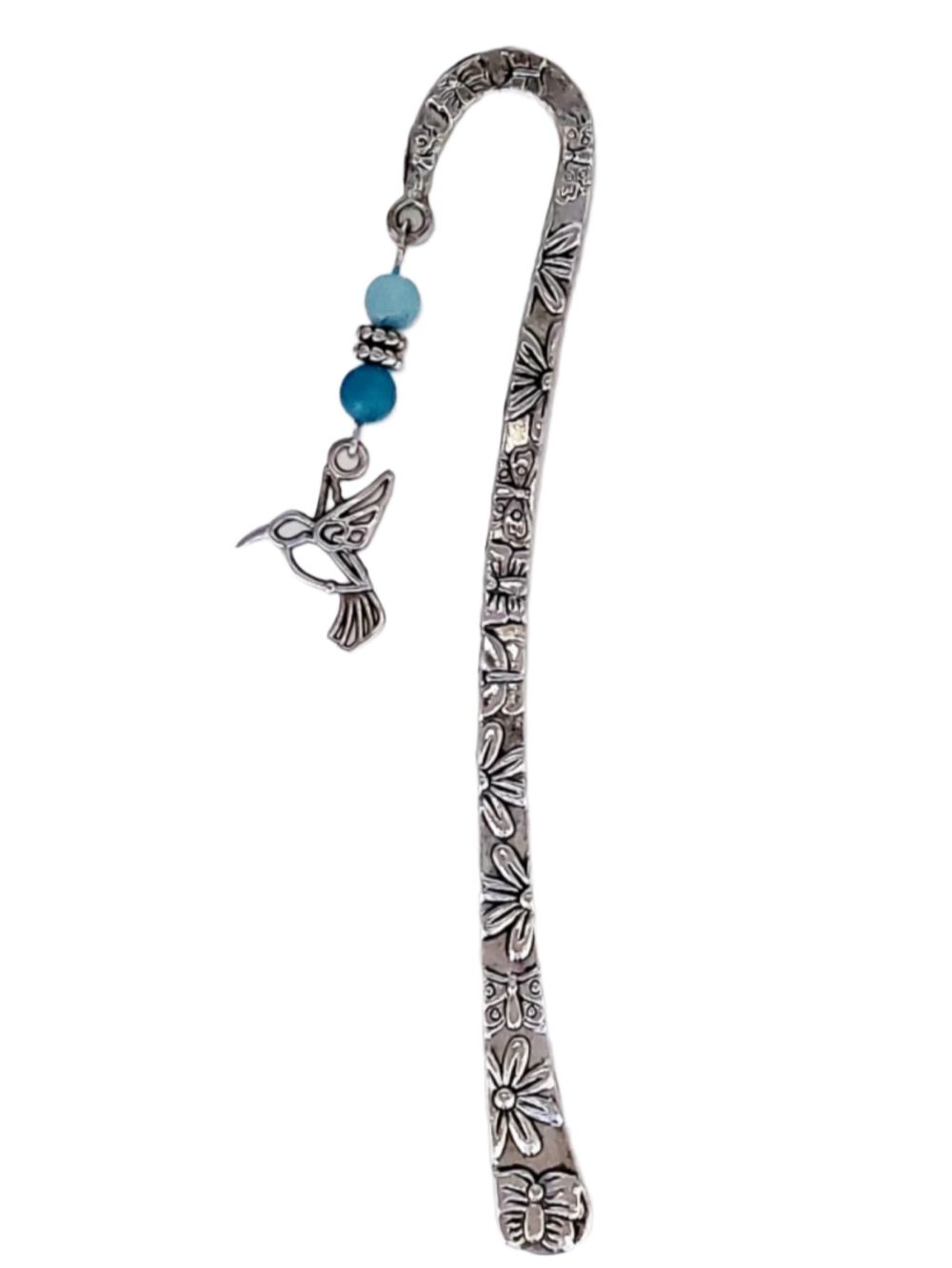 Silver metal bookmark with blue beads and silver hummingbird pendant
