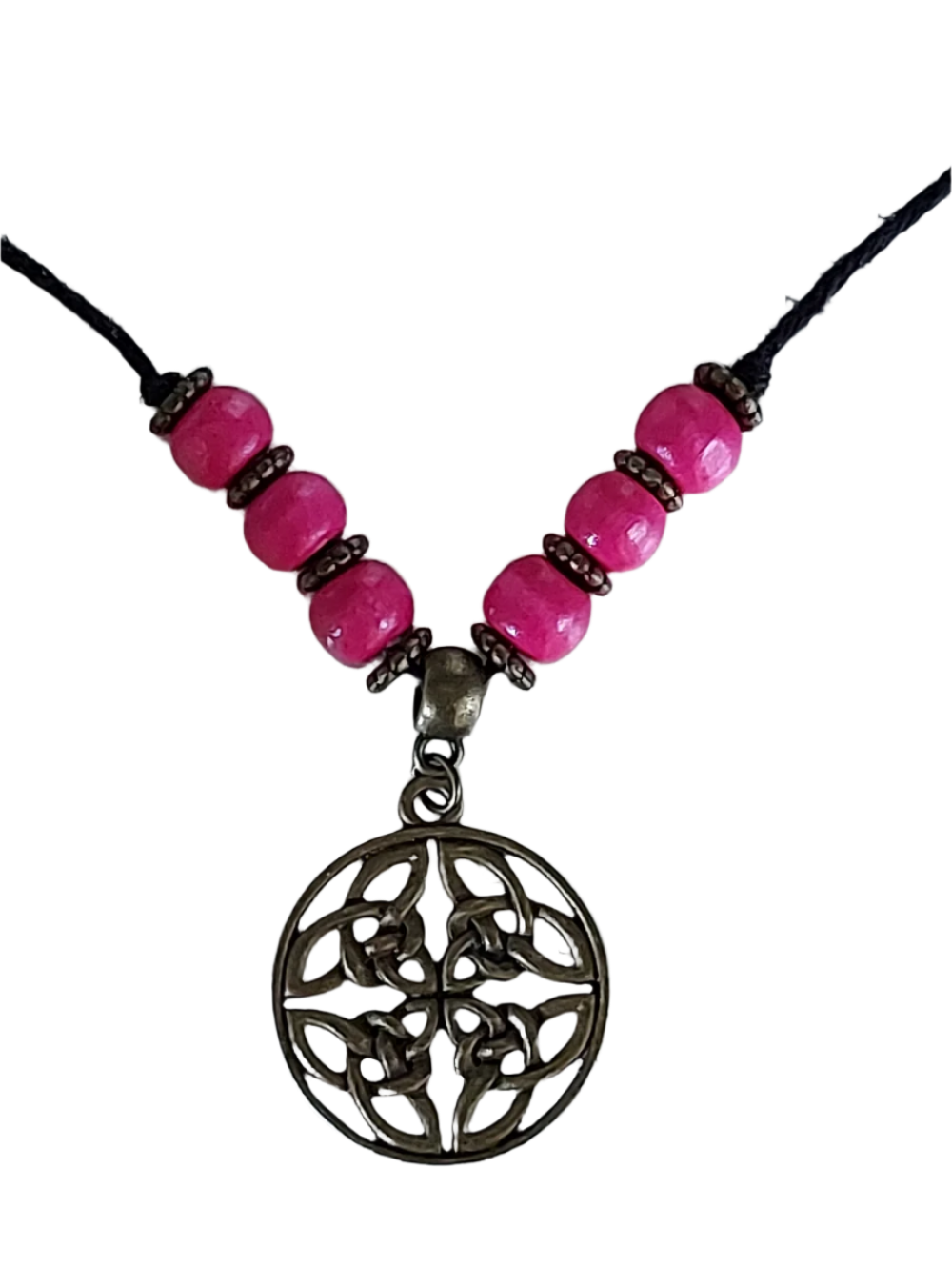 Close up - Hemp cord necklace with pink beads and Celtic pendant