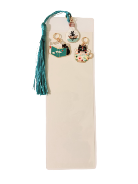 Reusable sleeve bookmark with blue tassel and 3 metal pendants