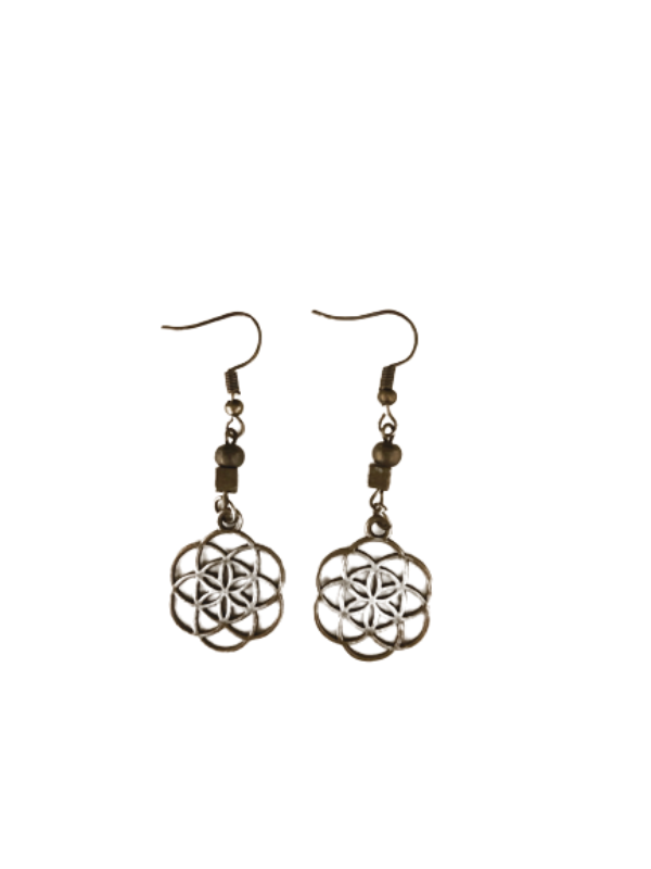 Earrings with bronze beads and bronze pendant