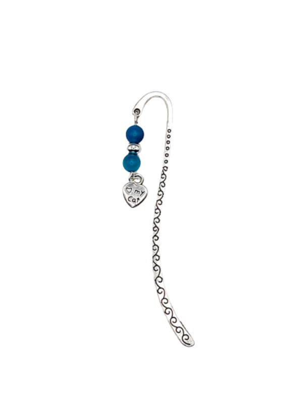 Small silver metal book mark with blue agate beads and silver pendant