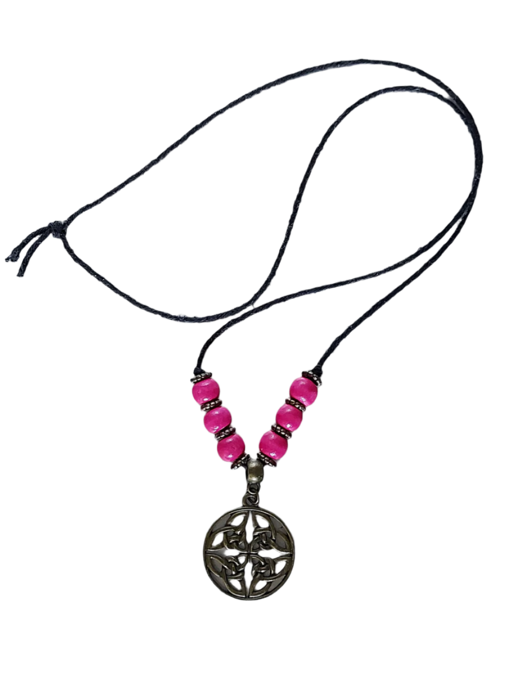 Hemp cord necklace with pink beads and Celtic pendant
