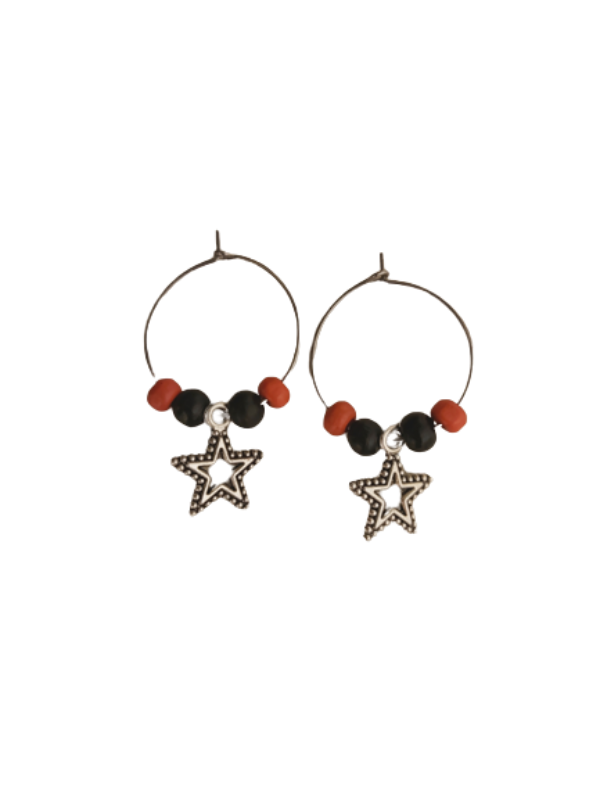 Silver hoops with black and red wood beads and silver star pendant