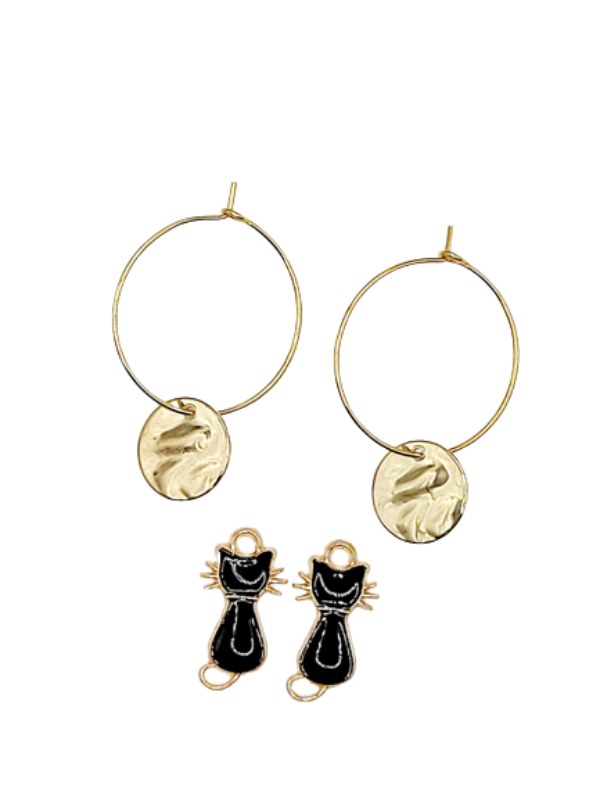 Wavy gold circle and black cat pendants