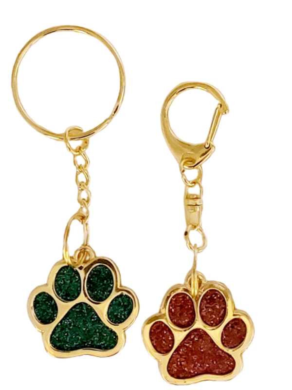 Close up - green and pink sparkly paw pendants
