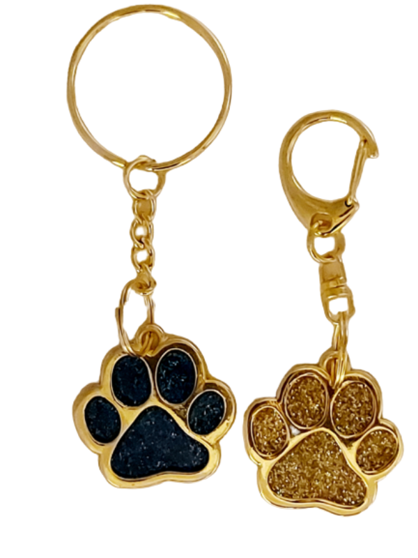 Close up - blue and yellow sparkly paw pendants