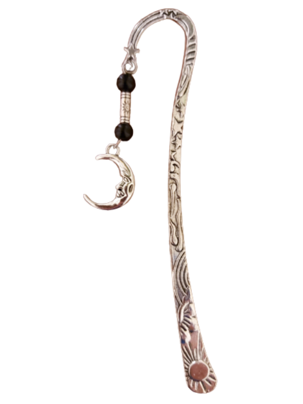 Silver metal bookmark with black wood beads and silver moon pendant